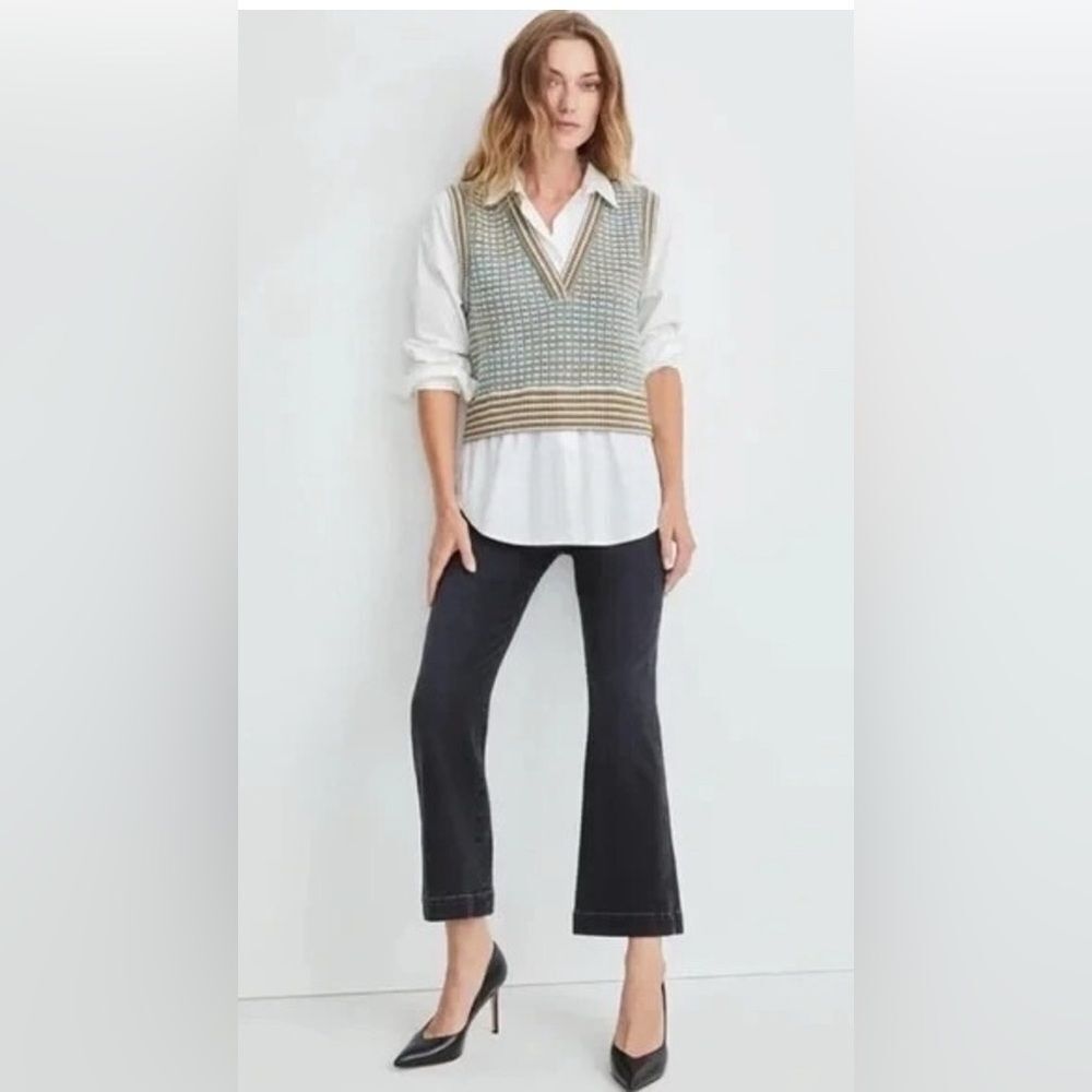 Veronica Beard NWOT Serwa Mixed Media Vest Button Down Top Size L Blue /White